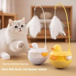 1PC Interactive Cat Toy Duck Feather Teaser Wand, Wobble Self-Play Kitten Toy, Detachable Washable Cat Toy