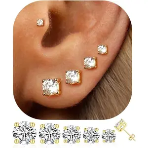 5 Pairs 14K Gold Plated Stud Earrings for Women, Hypoallergenic Earring Sets for Multiple Piercing, Premium Cubic Zirconia Studs Earrings for Women