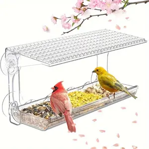 Indestructible Large Window Bird Feeder with Removable Seed & Water Tray, for Wild Birds with 4 Super Strong Adhesive Hooks + 4 Strong Suction Cups, Clear Acrylic, All-Weather Design, Without Battery