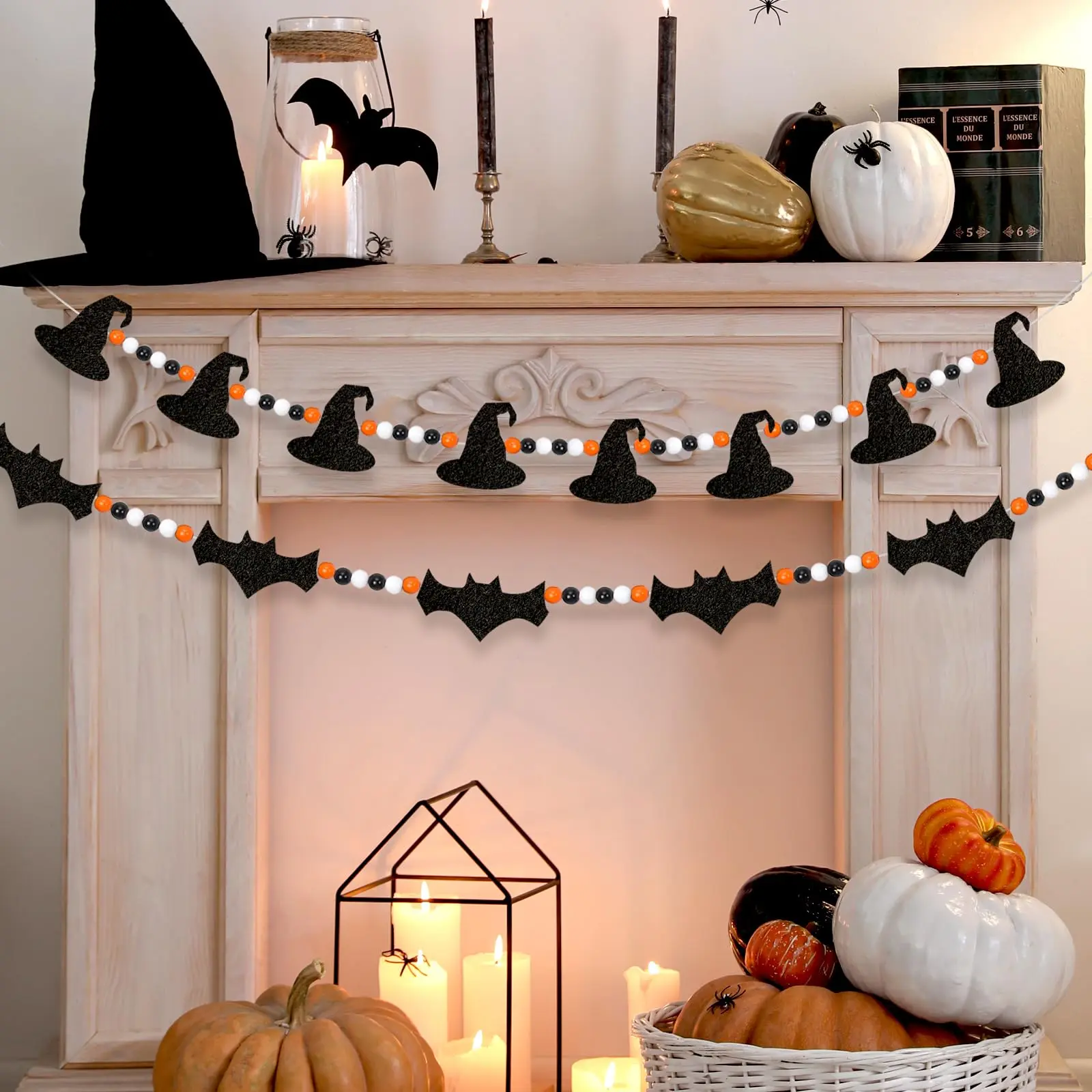 2 PCS Halloween Felt Bats Witch and Wood Beads Garland Halloween for Mantle Garland Banner Decor Indoor Outdoor Haunted House Decoration  Halloween decor 2025