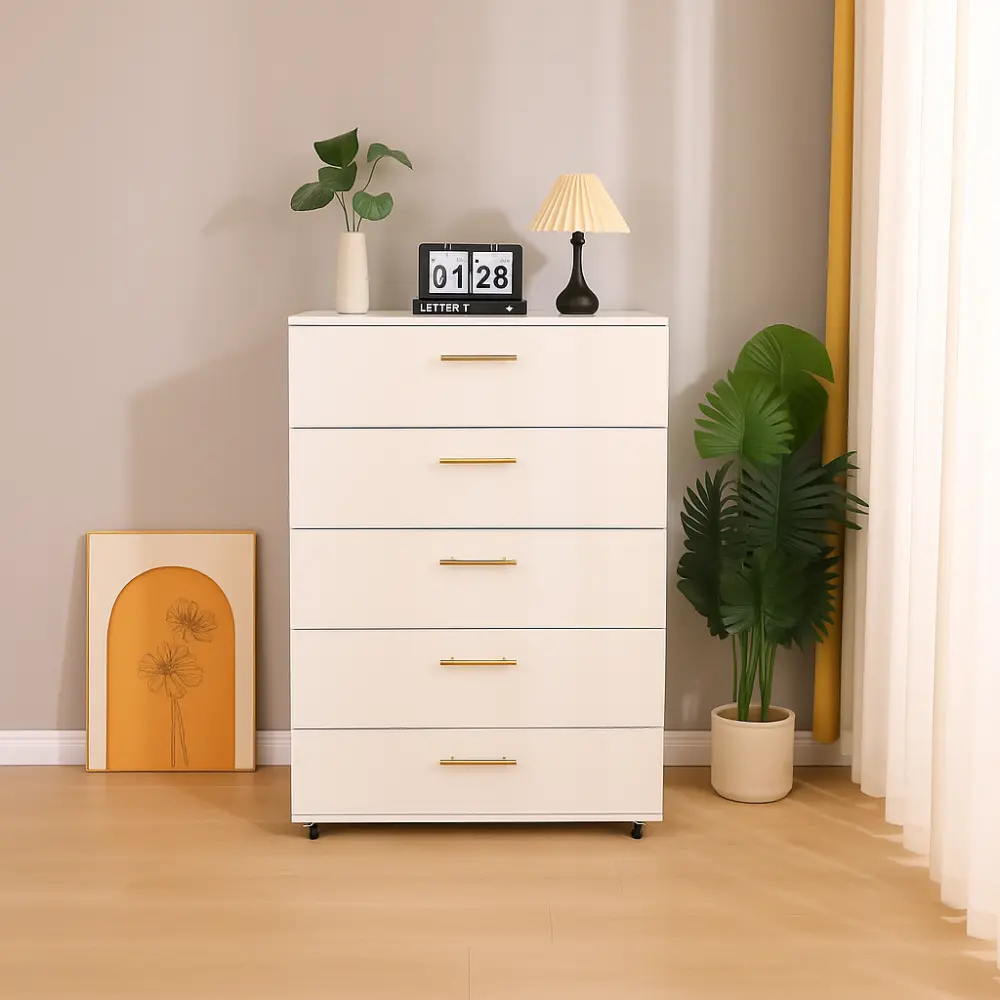 White 5-Drawer Dresser with Handles - Durable Pre-Assembled Modern Storage Cabinet with Swivel Wheels, Five Drawers