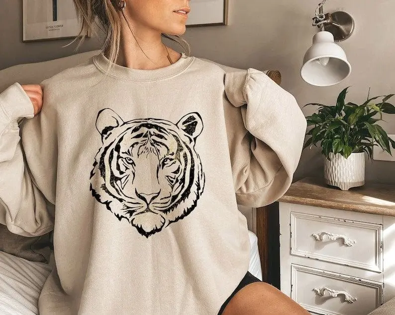 [Sale off up to 50%] Tiger Face Sweatshirt,Tiger Tshirt,Vintage Tiger Shirt,School Mascot Shirt,Tiger Face, Animal Prints, Gift for Her, Game Day Shirt