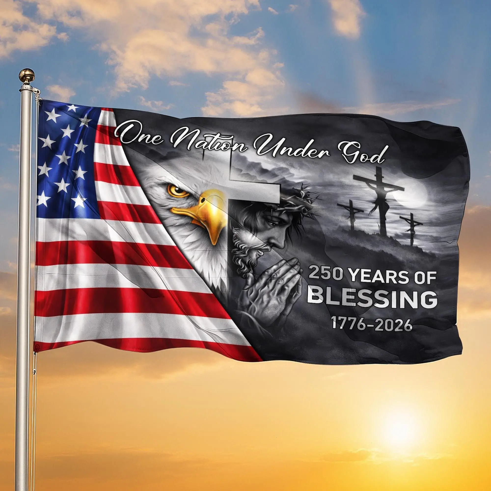 United States of America 250 Years Flag, American Christian Cross US House Flag, Christian Patriotic  Eagle  1776–2026 House Flag