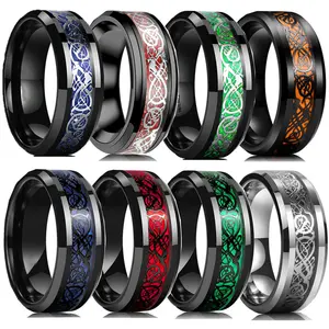 8Mm Classic Black Tungsten Stainless Steel Celtic Dragon Ring Fashion Men's Red Carbon Fiber ring Men Wedding Jewelry