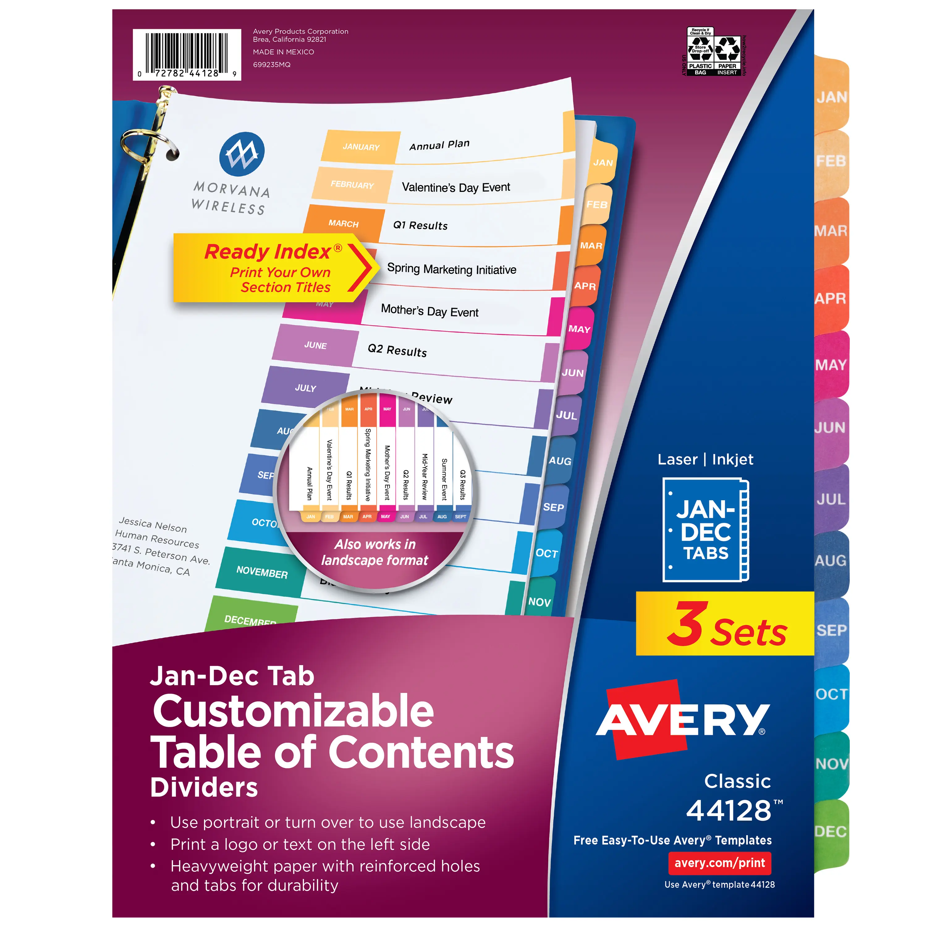 Avery Binder Index Dividers, 3-Ring Binder Office Accessories, 12 Preprint Color Coded Tabs, Jan-Dec, Customizable Table of Contents, Classroom Supplies, Organizes Reports/Projects (3 Sets of 44128), Preprint Tabs