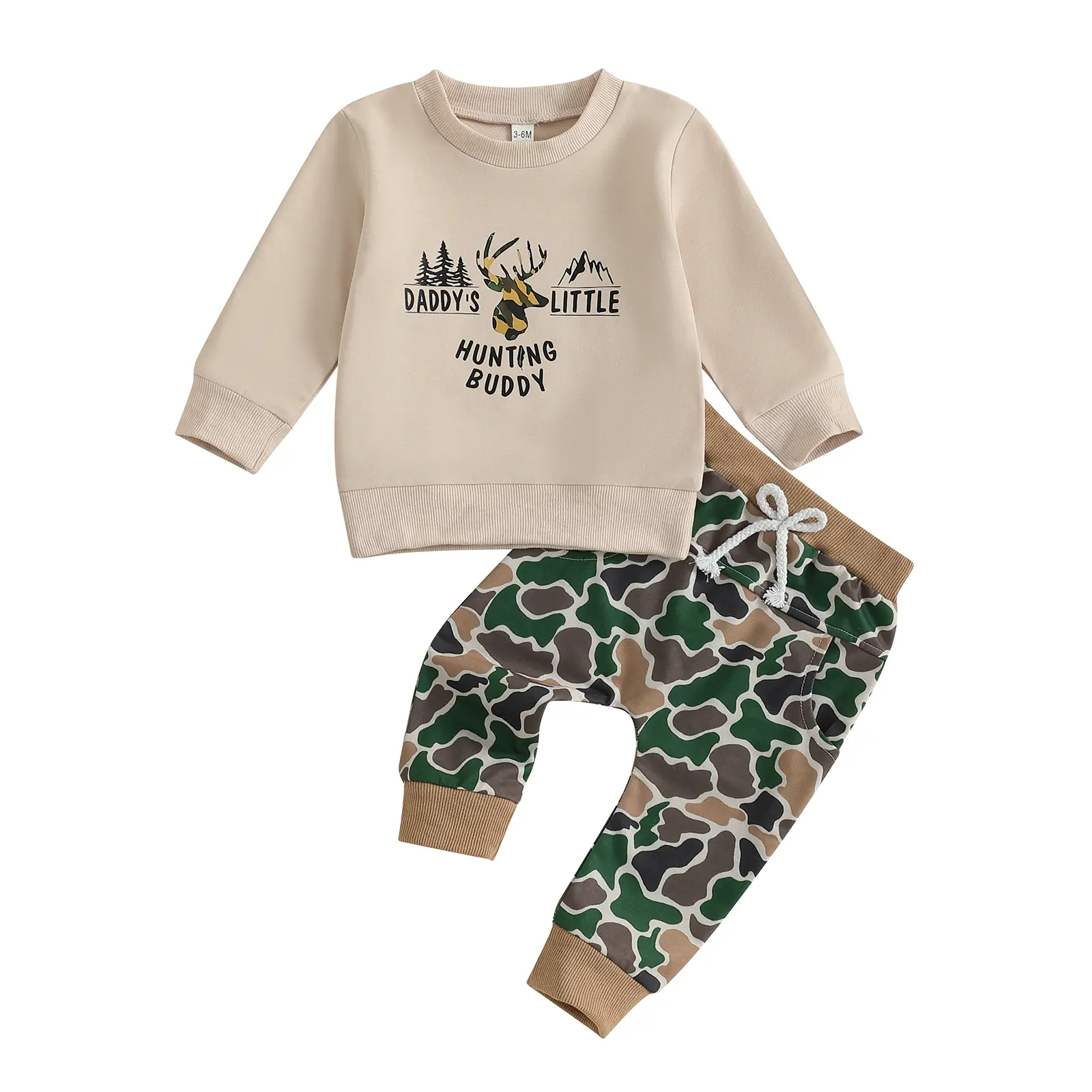Toddler Baby Boy Hunting Outfits Deer Embroidery Daddy's Little Hunting Buddy Long Sleeve Sweatshirt Camo Pants Set 2Pcs Fall Winter Clothes