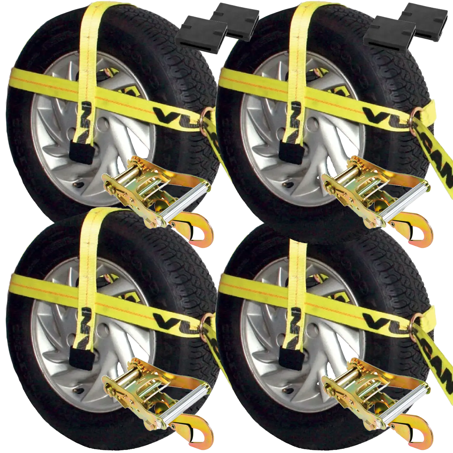 VULCAN Car Tie Down Kit - Adjustable Loop, Snap Hooks, Thick Yellow Webbing - Complete Kit with 4 Straps, 4 Ratchets for Flat Bed, Sports Car, SUV, Rollback Trailer
