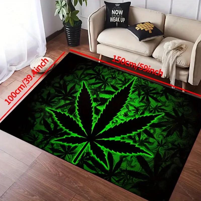 Fluorescent Marijuana Leaves Black Felt Rug - Indoor/Outdoor Use - 15x23/19x31/31x47/39x59/47x63/63x78inches - Machine Washable - 1000g/m²