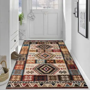 [Velvet + 850g/m² + Anti-slip dotted backing] 1pc vibrant and colorful exotic geometric pattern Boho Washable rug, comfortable and beautiful, versatile in decorating styles, high-definition pattern printing with double-locked edges.