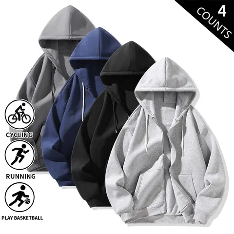 Men's Basic 4-Pack Plain Full-Zip Hoodies, Loose Fit Breathable Long-Sleeve Athletic Hooded Tops, Sports Sweatshirt Jackets for Gym, Casual Daily (Light Gray + Black + Navy Blue + Dark Gray)