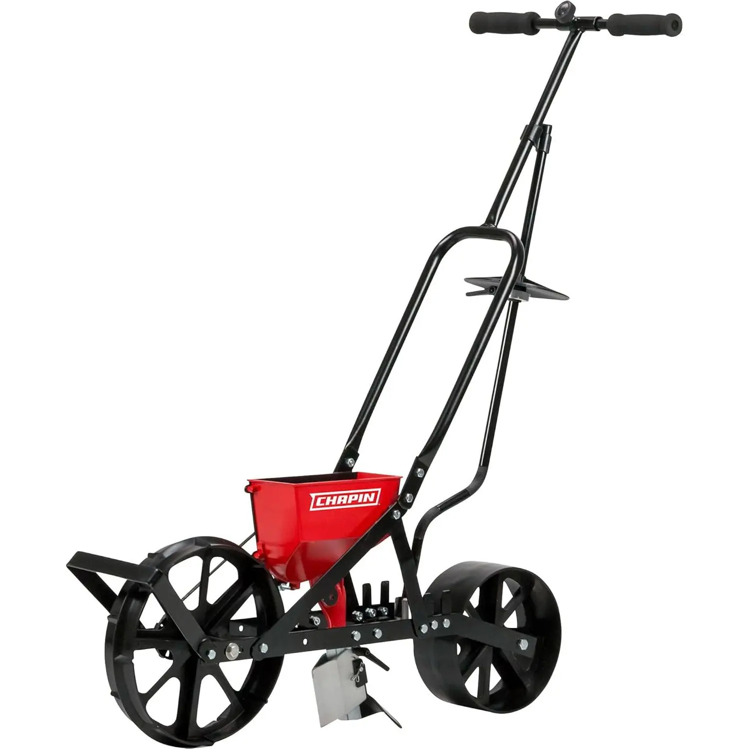 Planter With 6 Seed Plates for up to 20 Varieties of Seeds, Zinc Plow Blade, Row Marker, Powder Coated Steel Frame, Red/Black