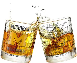 University of Michigan Wolverines College Whiskey Glasses Set of 2 10 oz Full Color Logo Campus Map Drinkware Dishwasher Safe Lead Free