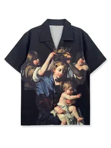 Men's Short Sleeve Casual Button Front Shirt, Medieval Oil Painting Style, Queen Coronation Pattern, Daily Wear, Youth Fashion, Valentine's Gift