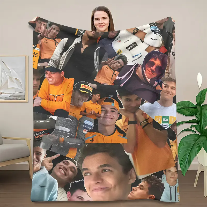 Lando Norris F1 Racing Photo Collage Throw Blanket, Formula 1 Driver Collage Flannel Fleece Blanket, Sofa Bed Throw Blanket, Gift For F1 Racing Fans