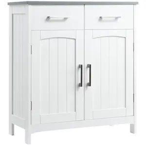 kleankin Bathroom Floor Cabinet, Freestanding Linen Cabinet, Storage Cabinet with 2 Drawers, Double Doors, Adjustable Shelf, White