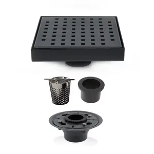 SereneDrains 6 Inch Black Shower Drain with Hair Trap and Drain Flange, Traditional Square Design, 304 Stainless Steel Matte Black Square Drain