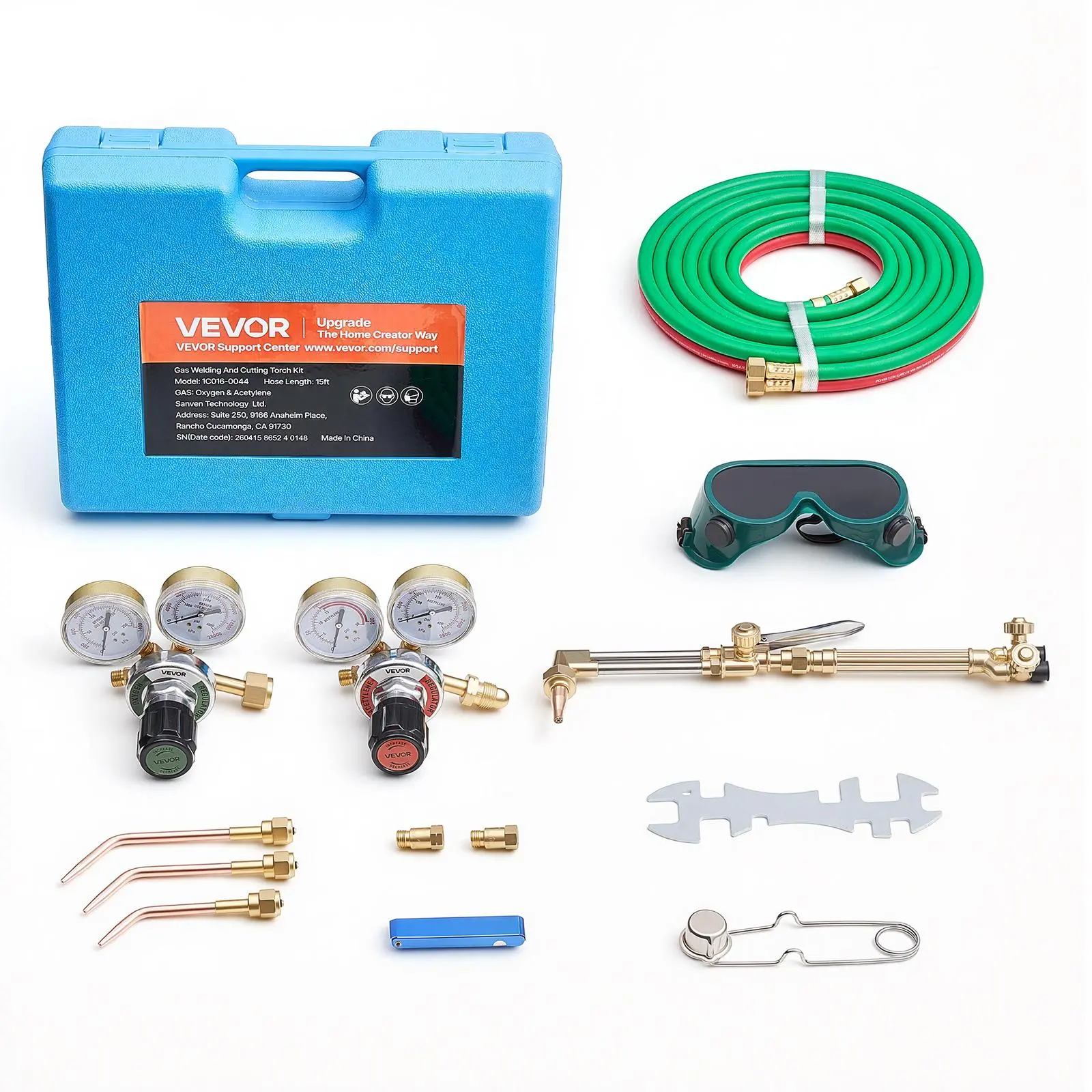 VEVOR Brass Oxygen Acetylene Torch Kit for DIY Enthusiasts - Portable High-Temp Resistant Gas Welding,Cutting,Brazing Set with Check Valves,15ft Durable R-Grade Hose (300~psi hose pressure),1 Cutting Tip,3 Welding Tips,2 Regulators,Metal Toolbox, 15Ft Dur
