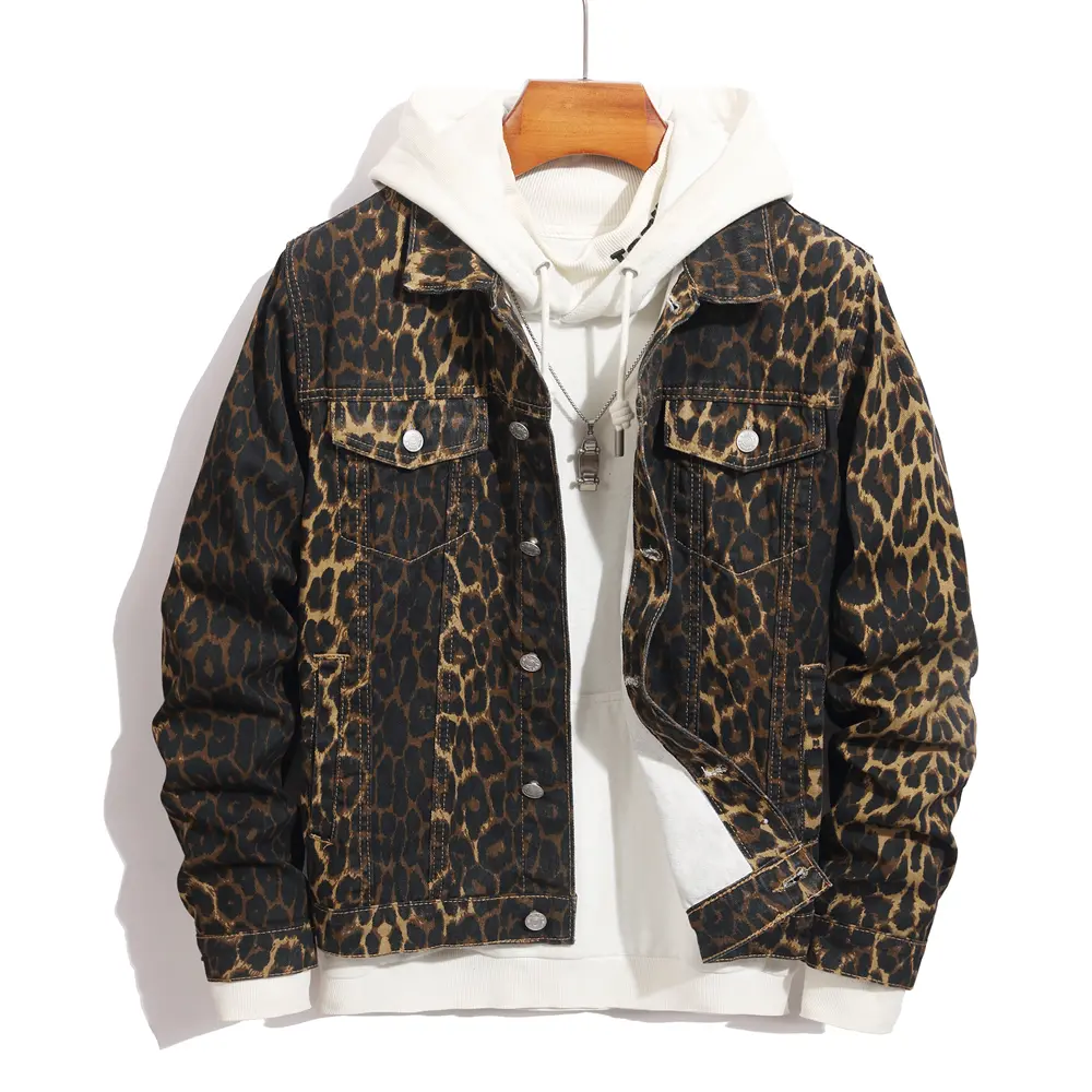 New Men Personalized leopard Print Slim Denim Jacket Streetwear Male Stylish Casual Jeans Jacket Coat Menswear Tops Long Sleeve Deals For You Days