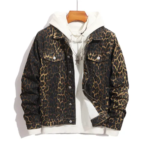 New Men Personalized leopard Print Slim Denim Jacket Streetwear Male Stylish Casual Jeans Jacket Coat Menswear Tops Long Sleeve Deals For You Days