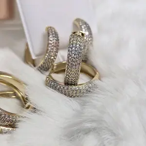 # 0167 Tricolor Sparkling Pave Earrings - Gold Plated Hoops with Embedded Cubic Zirconia for Women's Fashion Jewelry 14k