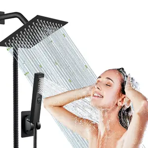 6/8"High Pressure Square RainShower Head and 2-in-1 HandShower.Equipped with 78"Hose, 3Way Diverter Valve,Adhesive ShowerHead Holder