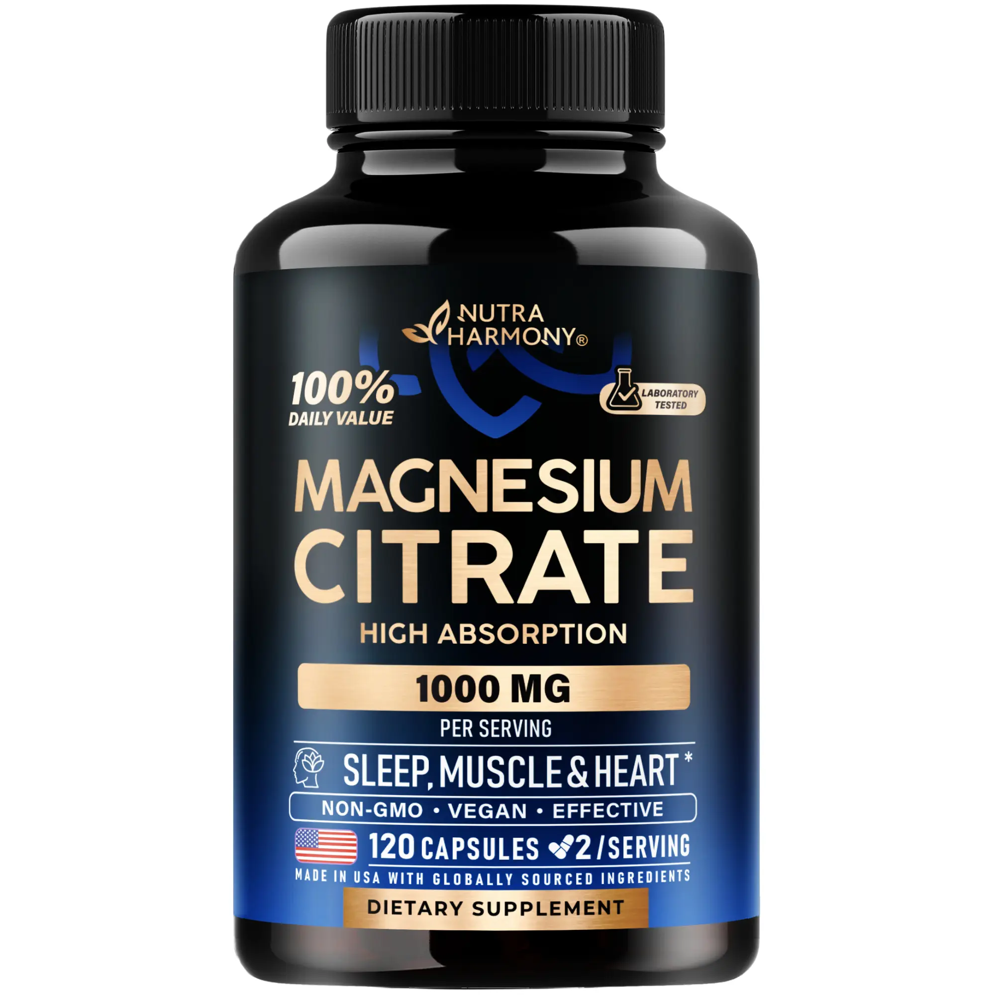 NUTRAHARMONY Magnesium Citrate Capsules for Sleep Muscle & Heart Health. Advanced Absorption, Non-GMO, USA Made for Fitness, Healthcare