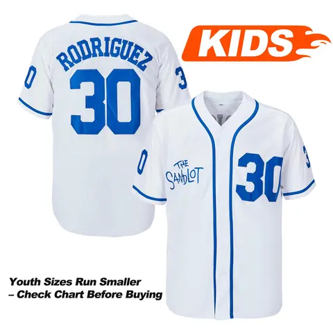 Boys & Girls Lightweight Breathable Stitched Sandlot Movie Sport Jersey - #30 Benny The Jet Rodriguez, #5 Michael Squints, Button-Up Short-Sleeve Active Top, S-XL, Summer Game Day Gift, Professional Sports Clothing