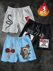 American Dark Snake Bone Rose Print Casual Shorts Set, High Street Cool Loose Five-Quarter Pants for Men, Three Different Styles, Trendy Fashion