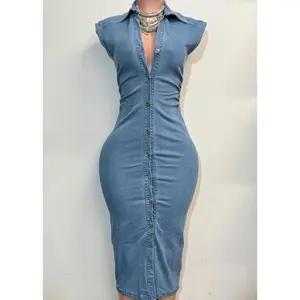 HALLIE LITE DENIM COLLARED NECK BUTTON DOWN STRETCH DRESS