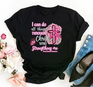 Christian Cancer Fighter Shirt - Women's Short Sleeve Fitted Graphic Tee in Pink October