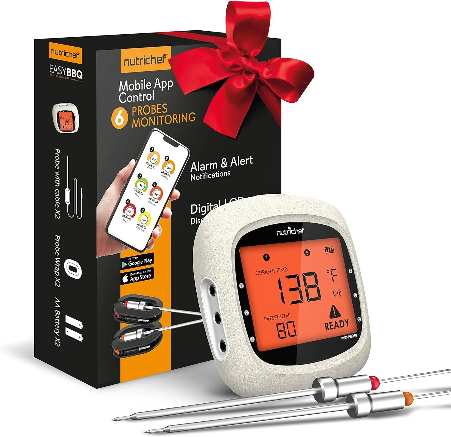NutriChef Digital Meat Thermometer - Bluetooth Kitchen Utensil with Backlit LCD Display, Smart App Control, 2 Probes (Up to 6 Compatible), 400ft Range, 200ft Wireless Range, Grilling Use, Alkaline Batteries Included