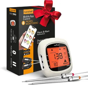 NutriChef Bluetooth Meat Thermometer for Grilling and Smoking, up to 6 Temperature Probes and Smart APP, 400 Ft Range, LCD Oven Steak