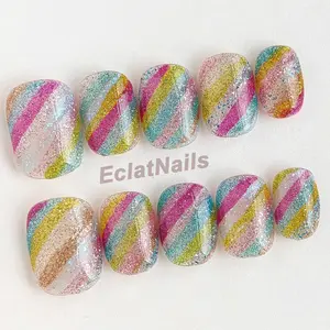 EclatNails 10pcs Handmade Press On Nails, Short Squoval False Nails with Shiny Rainbow Glitter Diagonal Stripes. Reusable & Removable nail tips for women and girls. Featuring vibrant candy-like shimmer, perfect for Valentine's Day, parties, festivals and