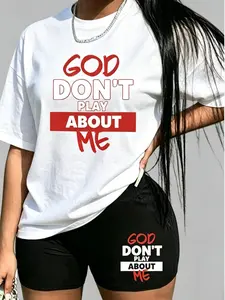 Faith-Inspired Streetwear Co-Ord, Bold "God Don’t Play About Me" Print Tee & High Waist Biker Shorts