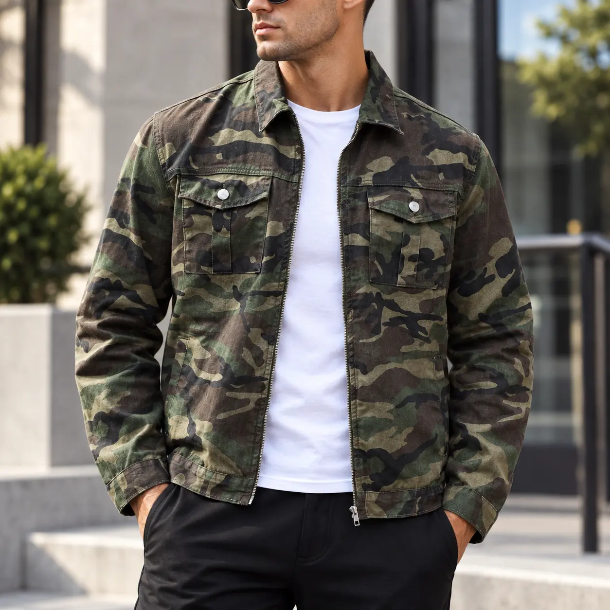 Men’s 100% Cotton Camo Jacket, Zip Front Utility Workwear Jacket with Flap Chest Pockets, Casual Long Sleeve Military Style Outerwear for Fall and Winter,Made with 100% Cotton,Built for Everyday Utility