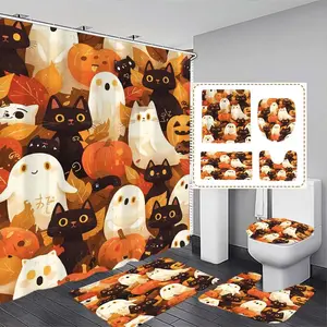 Halloween Cartoon Ghost & Pumpkin Cat Shower Curtain Set, Includes Hooks, Bath Mat, Toilet Lid Cover, U-Shaped Pad, Ideal Gift