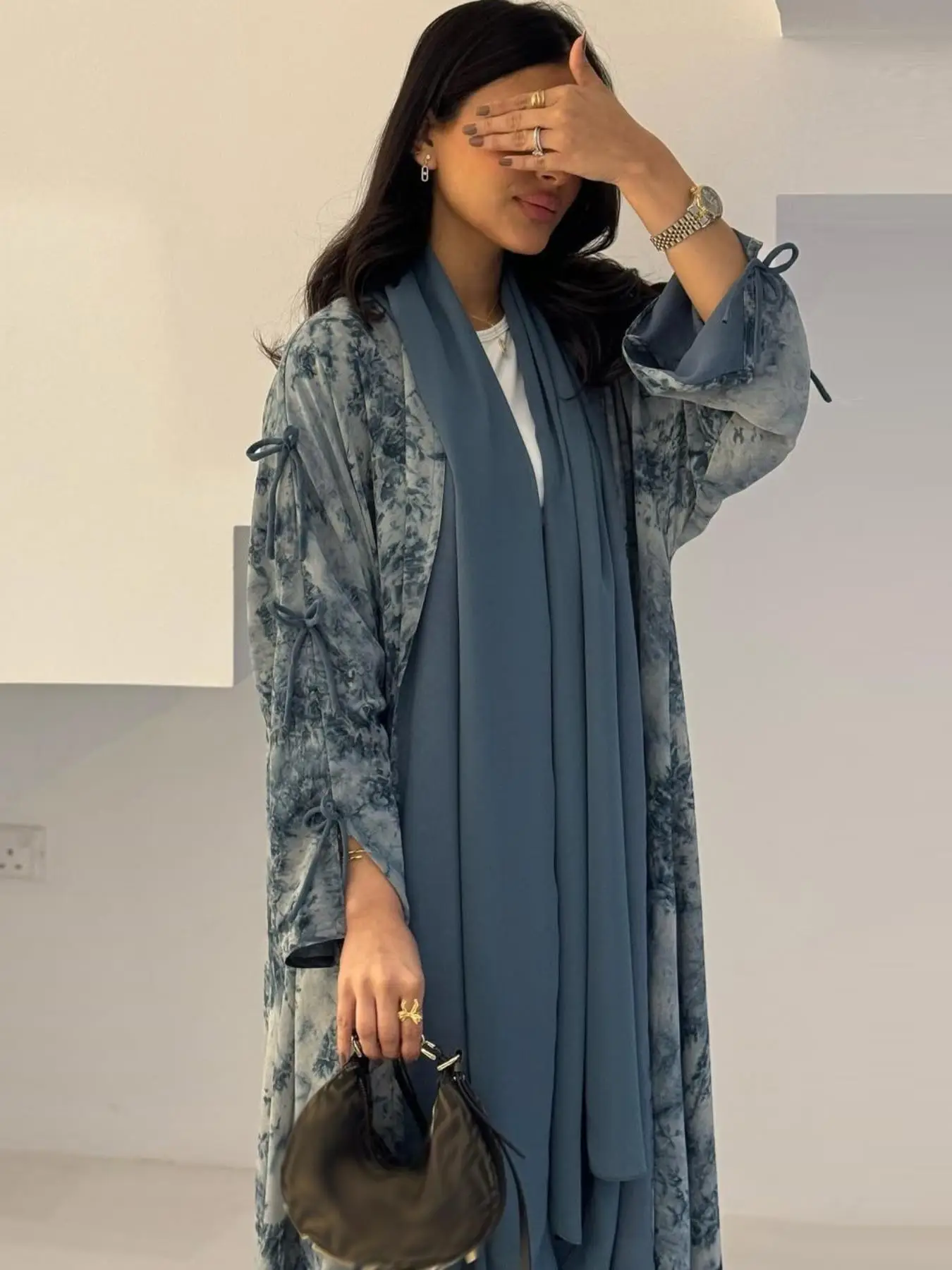 Women's Tie Dye Print Long Sleeve Open Front Abaya, Elegant Casual Tie Dye Print Long Robe, Women's Islamic Clothing for Daily Wear, Abaya Hijab Set,