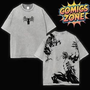 Men's Retro Oversized Heavyweight Cotton Vintage Washed Short-Sleeve Seamless Round Neck Soft Top, Carnage vs Venom Comics Superhero T-Shirt, Menswear Streetwear Apparel Gift for Classic Movie Fans WBL Q0D