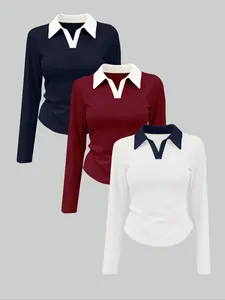 Women's Fall New Colorblock Stand Collar Half Button Slim Fit Gathered Long Sleeve Casual Fashion Set, Comfortable Casual Daily Wear