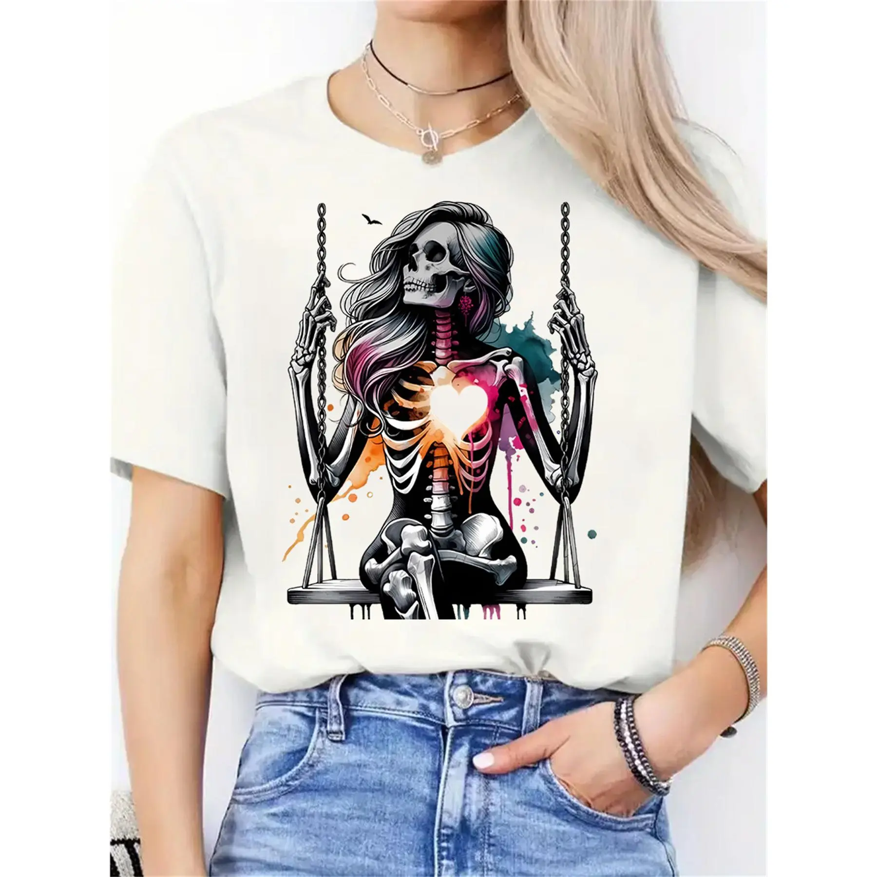 Women's Casual Printed Skull T-Shirt - Short Sleeve, Round Neck, Knitted Top Band, Art Skeleton Design, Lady Streetwear, Soft Polyester Blend, Fitted Style, Stretch Fabric, Machine Washable, Spring Summer Fashion, Shortsleeve, Tshirt