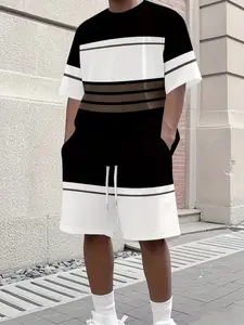 Men's Casual 3D Big Stripe Print Short Sleeve Tee & Drawstring Track Shorts Set, Fitted Crop/short Length, Geometric Pattern
