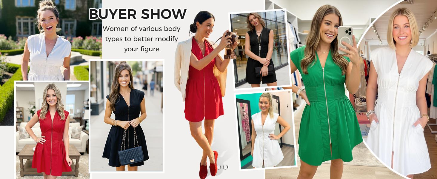 Fisoew Women's Sleeveless Tank Mini Dress Casual Zip Front V Neck Loose Summer Smocked Dresses with Pockets Fisoew Women's Sleeveless Tank Mini Dress Casual Zip Front V Neck Loose Summer Smocked Dresses with Pockets