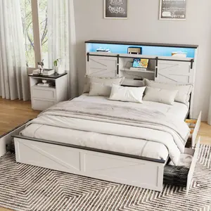 Vabches Farmhouse NO MATTRESS Bed Frame with 4 Drawers and Bookcase Headboard, Sliding Barn Door Storage Shelves, LED Lights and Charging Station, No Box Spring Needed
