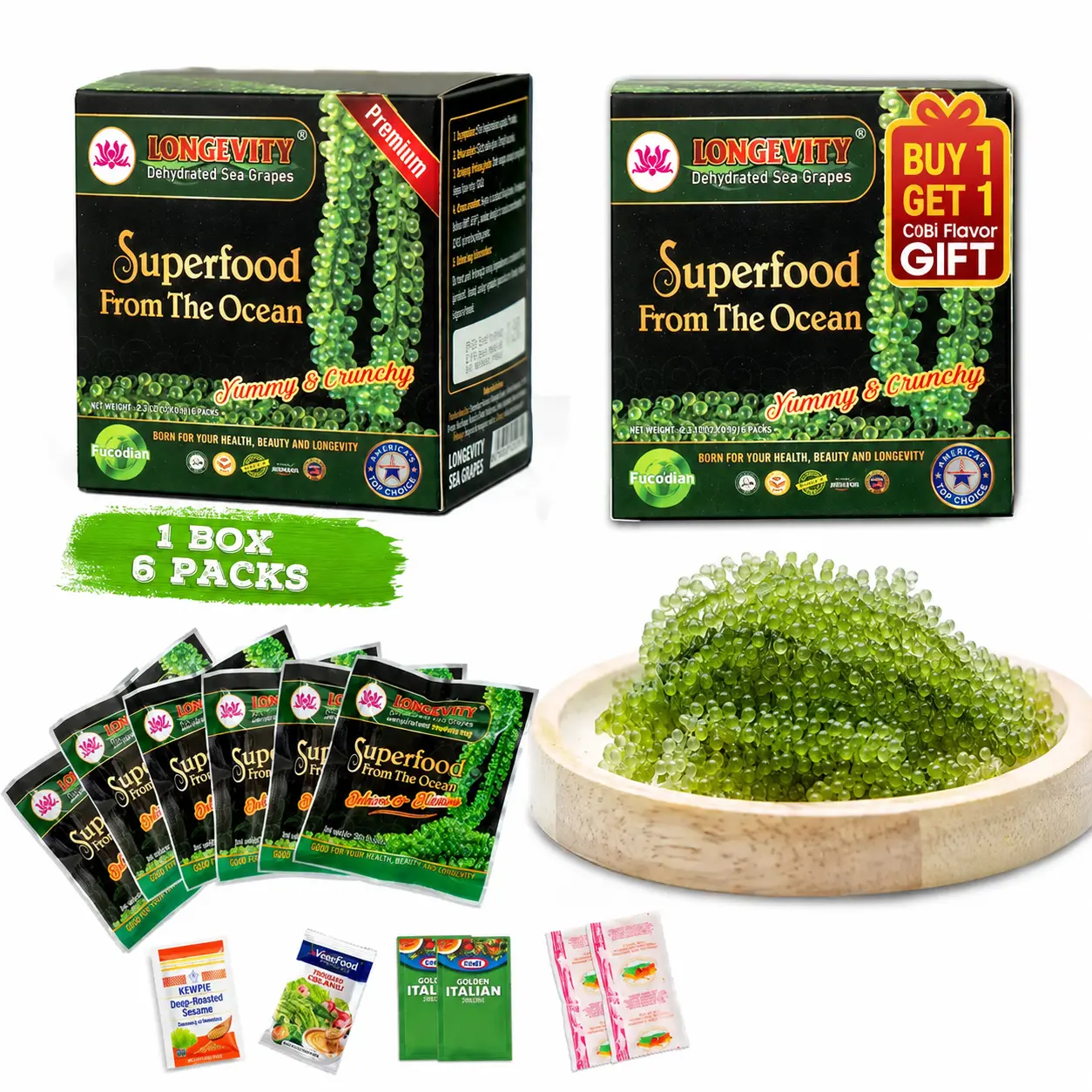[Buy 1 Get 1 Gift Free] Longevity Dehydrated Sea Grapes 6 Packs of 4.23 oz Green Caviar Umibudo Latok Seaweed Organic Premium Quality Crunchy Flavor Superfood From The Ocean