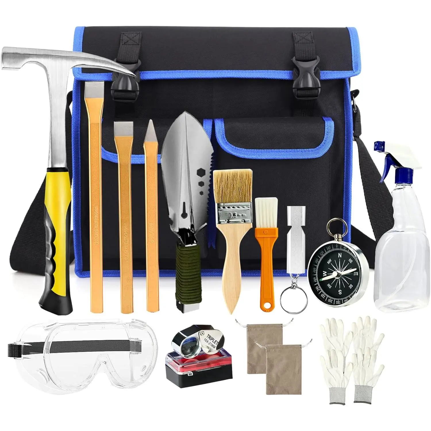 17 count Geology Rock Pick Hammer Kit, 32oz Hammer & 3 count Digging Chisels Set for Rock Hounding,  Mining & Prospecting Equipment Tool with Multi-function Sholve, Compass, Whistle, Chisel