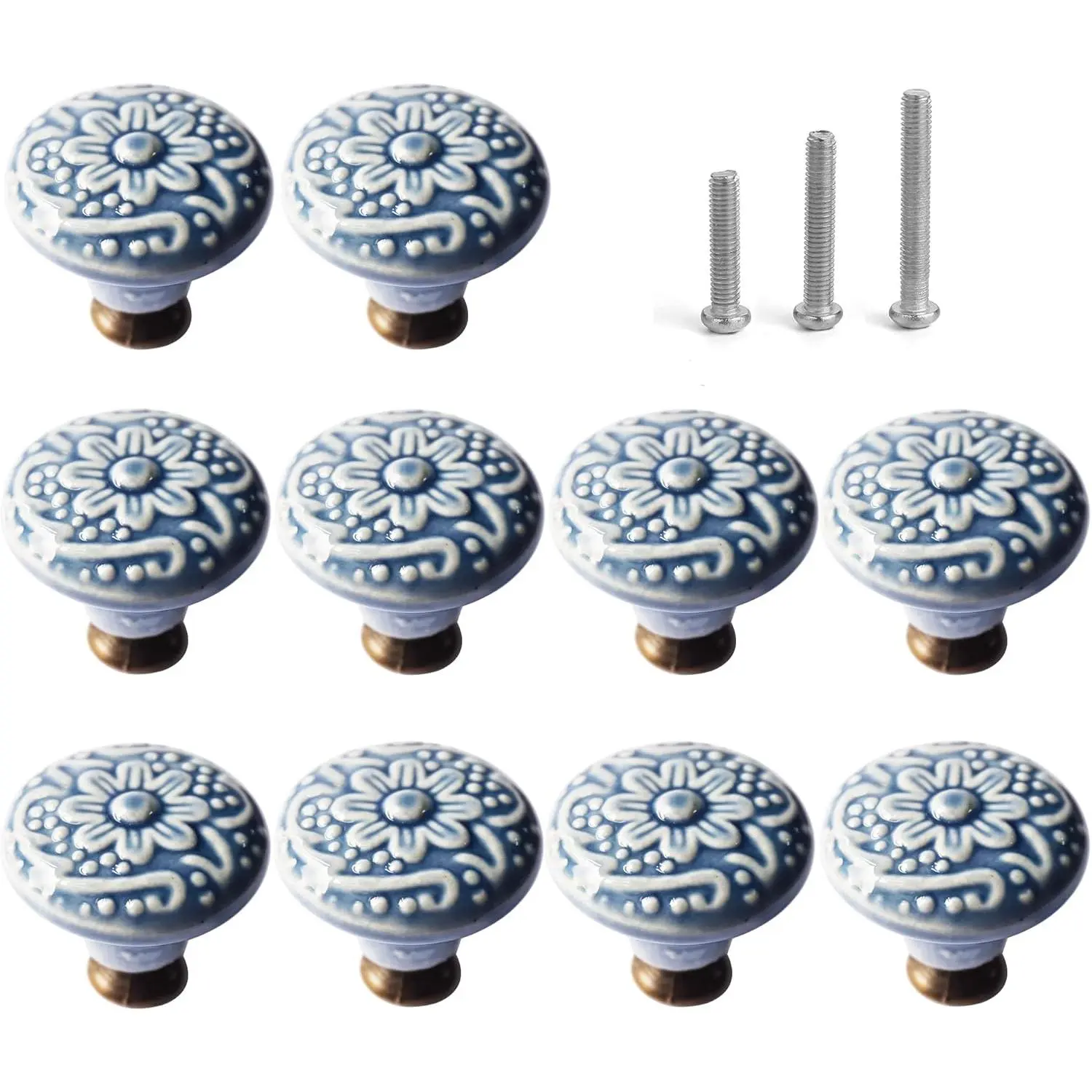 1-2/5 inch Ceramic Kitchen Cabinet Knobs for Drawer Dresser Pulls Round Dresser Drawer Handles and Pulls for Home Furniture Decor Ceramic Handles with 3 Size Screws (10, Blue)