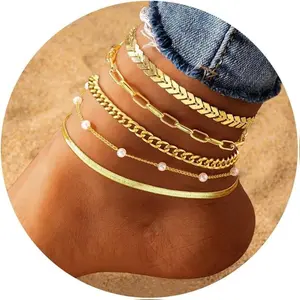 [New Deal] Gold Ankle Bracelets for Women, 14k Gold Plated Waterproof Cuban Pearl Snake Chain Anklets Set, Gold Anklets for Women Beach Gift Adjustable Size