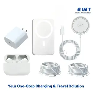 Upgraded 6-in-1 Charging & Audio Accessory Kit – 5000mAh Magnetic Alignment Power Bank, Wireless Charging Pad, Bluetooth Earbuds, USB-C & USB-C to Lightning Cables, Adapter, Ring Sticker – For iPhone & Android