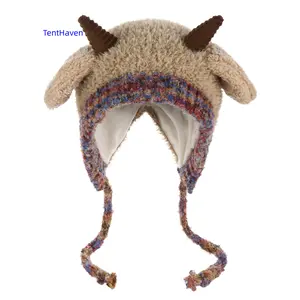 Winter Plush Faux Fur Animal Beanie - Sports & Outdoor Knitted Sheep Ear Hat with Horns, Thick Warm Lining, Ear Flap for Cold Weather