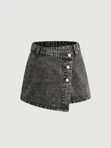 Girls' 2026 Summer New Denim Midi Skirt, Asymmetric Design with Elastic Waist and Button Detail, Comfortable Washed Fabric, Breathable Short Skirt Pants, Asymmetrical Hem Skirt